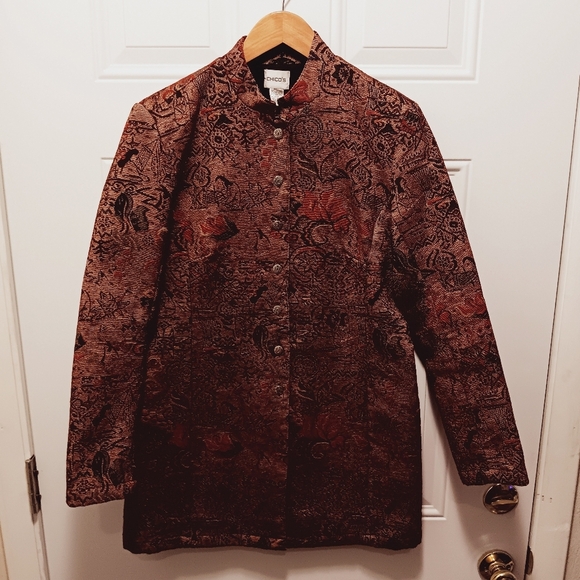 Chicos Tapestry Coat Womens 1/Medium Earthy Red Textured Artsy Motifs Jacket - Picture 1 of 7